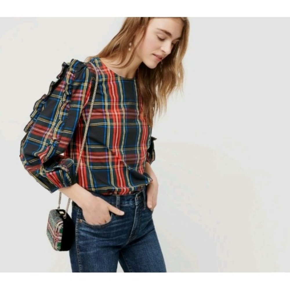 J.Crew Stewart Tartan Ruffle-Sleeve Plaid Blouse Top Red Black XS